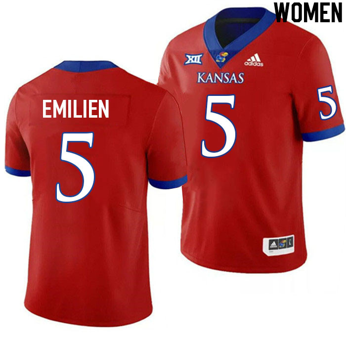 Women #5 Doug Emilien Kansas Jayhawks College Football Jerseys Stitched Sale-Red - Click Image to Close